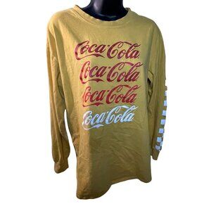 Coca-Cola Branded Yellow Long Sleeve Shirt Logo Print Checker Sleeve Accents